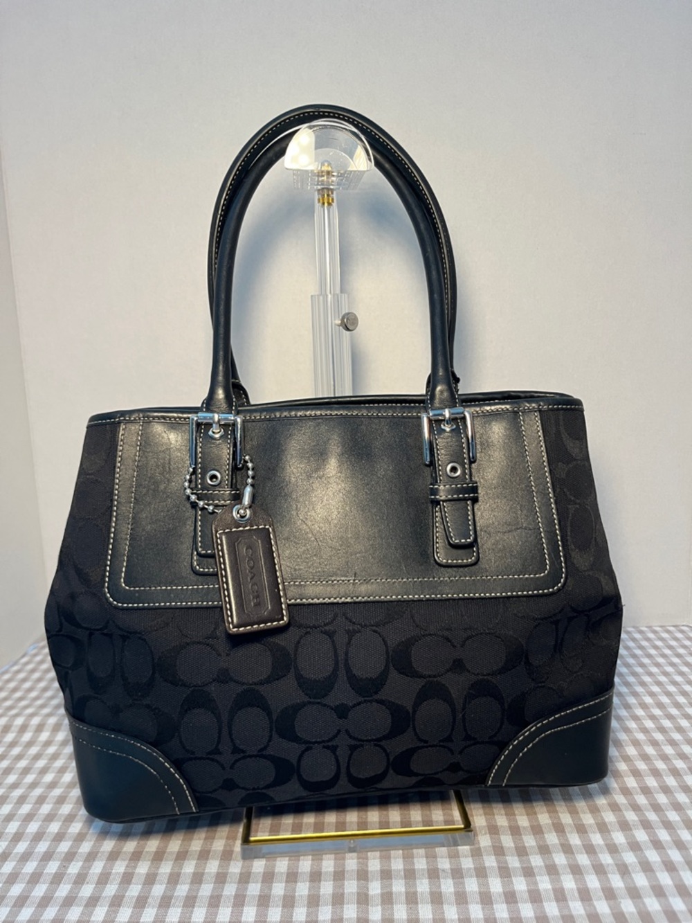 2007 Coach Black Hamptons Signature Satchel In Leather And Jacquard Canvas